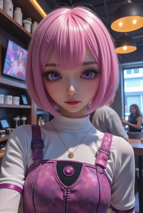 Future Girl,   purple eyes, space,  Pink Hair,  short bob,  Futuristic Coffee Shop, one girl who is at ease, beautiful attention to detail,  detailed face , cute,