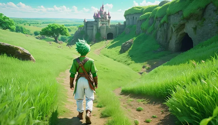 8K high resolution images  ,   realist, Green clothes、  green hair、  white pants、wear、  Dragon Quest  、Walking through the prairie 、 green hair、  young male hero walking on the prairie、 rear view、 I can see a cave in the distance、Inside the castle