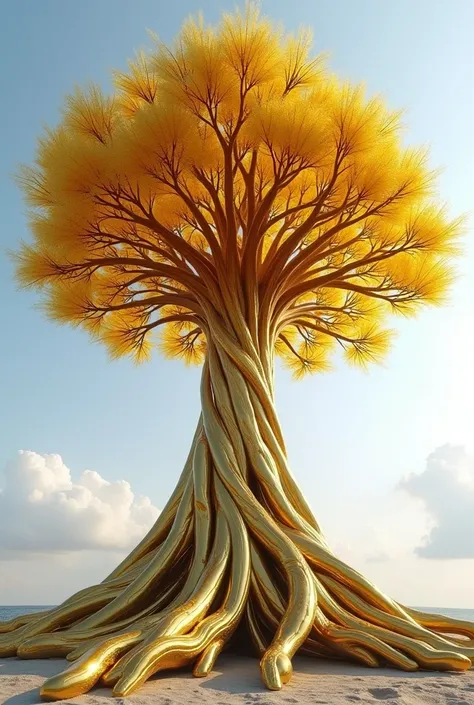  Giant golden tree with thick roots , large stem and leaves in glass and gold , Monumental sculpture 