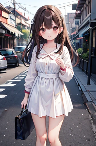 there is nothing、​masterpiece、Chizuru Ichinose、 brown hair、I、For women、street、 detailed background、 detailed eyes on board、（（ brown eyes））,beautiful and perfect legs, Clean and perfect hands, big chest、