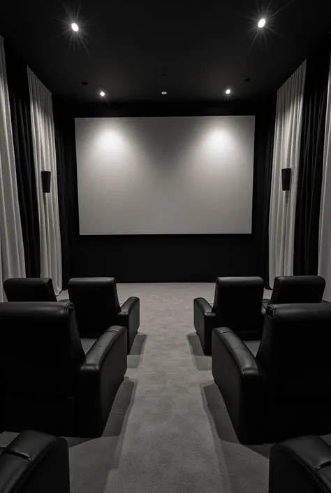  filem room intrior with black nd white curtains 