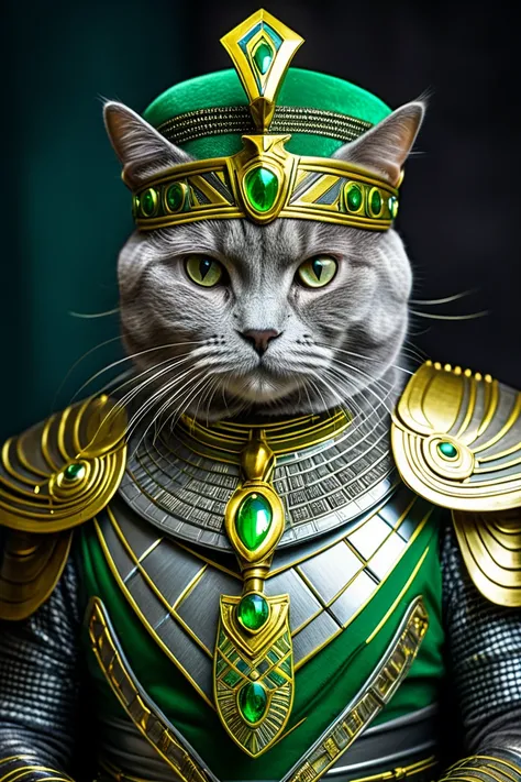 Dressed as an Egyptian pharaoh, grey-coloured Scottish Fold cat-faced queen, in a green outfit.an incredible terrifying warrior, (High, HDR:1.2), medieval armor detailed with yellow neon and cybernetic arm, ((scientific fiction, Futuristic))