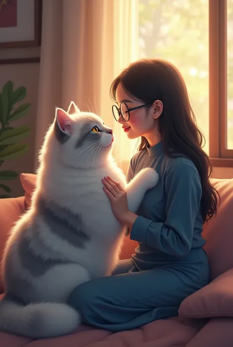 Design a heartwarming scene as the young Malay woman in pastel color hijab interacts with her beloved very big cat pet, very big fluffy white grey persian cat, very cute Malay woman with beautiful small petite body, wear modest baju kurung  deep blue, wear...