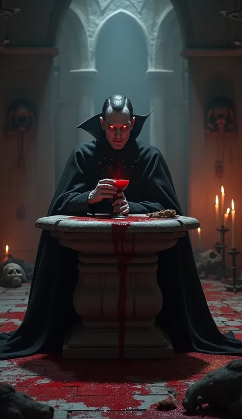 Inside a dimly lit castle chamber, Vlad Tepes sits at an ancient stone altar, surrounded by candles. He drinks blood from a chalice, his eyes glowing with a malevolent red light. The room is filled with ominous shadows, and there are remains of sacrificed ...