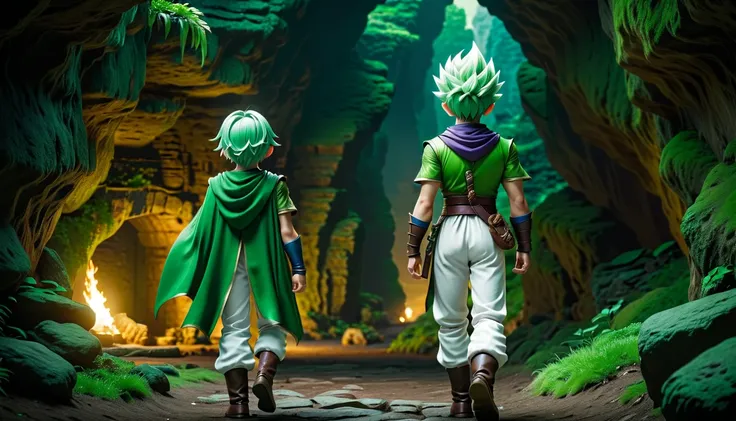 8K high resolution images  ,   realist, Green clothes、  green hair、  white pants、wear、  Dragon Quest  、 green hair、  young male hero walking through dark caves、 rear view、 I can see a cave in the distance、Inside the castle