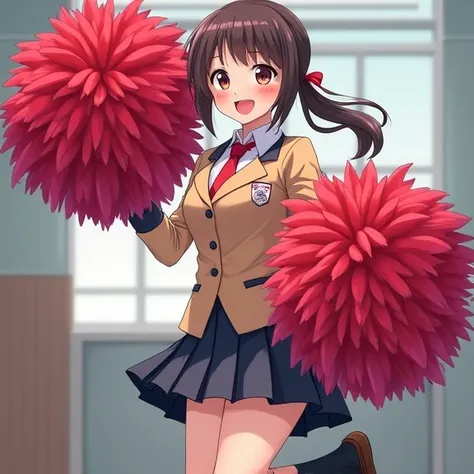 High school girl in a JK uniform holding pompoms wearing black Loose socks and loafers