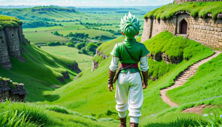 8K high resolution images  ,   realist, Green clothes、  green hair、  white pants、wear、  Dragon Quest  、village、 green hair、  young male hero walking on the prairie、 rear view、 I can see a cave in the distance、Inside the castle