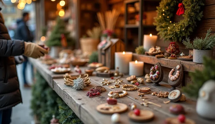  Close-up of a wooden market counter ,  selling handmade jewelry , candles and wreaths .  The picture shows the intricate details of the items on display,  and in the background are bokeh Christmas lights .  A gloved hand reaches for a small decoration 