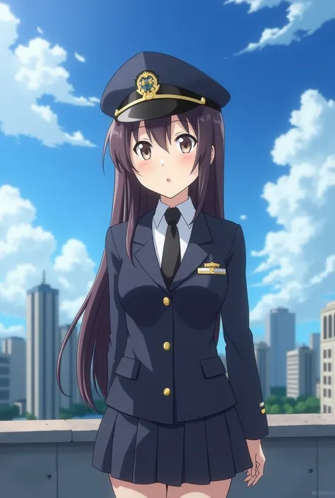 a woman in uniform standing on a rooftop with a city in the background, a character portrait inspired by Munakata Shikō, trending on cg society, shin hanga, female protagonist 👀 :8, female anime character, portrait of a female anime hero, anime visual of a...