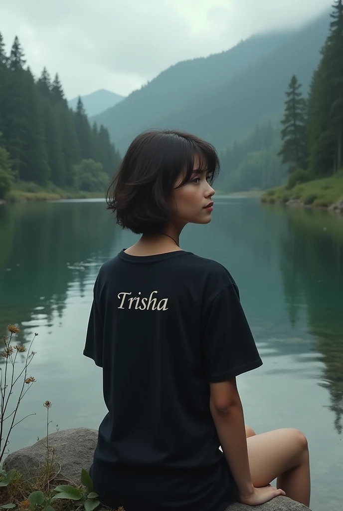 Beautiful short hair girl,wearing black t shirt named TRISHA on back of the shirt,sitting along on forest river side,cloudy weather,clear water