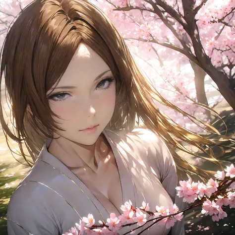 masterpiece, A high resolution, best quality, hyper HD, 16k, 1 young woman (Chihaya Ayase (Chihayafuru)), Long, flowing brown hair, (large Almond-shaped expressive, Light brown eyes with a golden hue, reflecting determination and passion), Slender nose and...