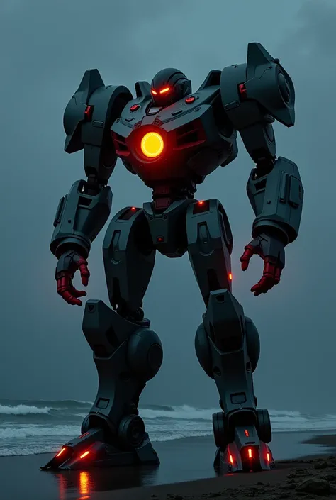 Jaeger from film
 called "Pacific Rim" at night,with glowing monoeye,his body is coloured in gray and black colours,his hands coloured in red colour, orange reactor in the centre of his chest standing near beach
