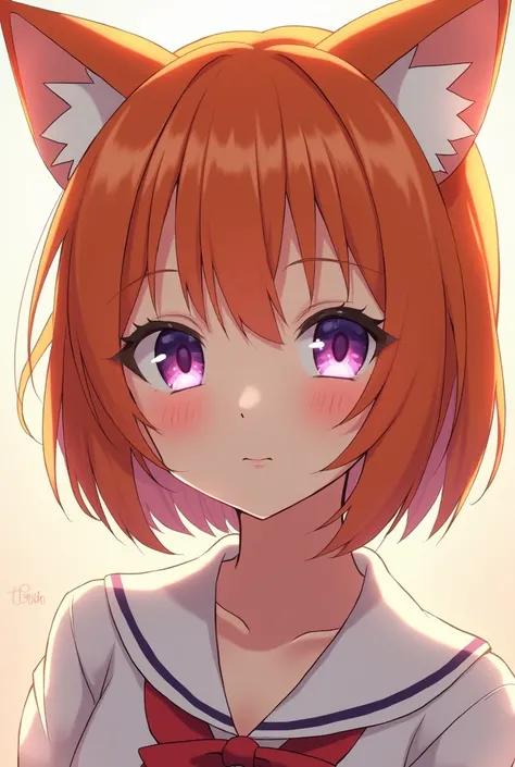 Solo focus, anime girl, orange hair, purple eyes, Neko Race , looking at viewerSeios grandes, Blush,  plain background, Backlighting,  AnimeFish Eye Lens, 