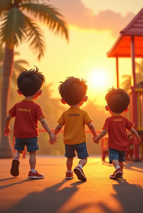 3 ren boy playing in playground background sunset, they are shirt written the old  written fawwaz,the middle  syaka, the young  written hannif