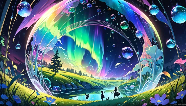 In a zero-gravity space countless bubble float around with fairies flying and drawing lines of light around them, The scene is set inside a spherical diorama capturing the ethereal and cool atmosphere, The digital art style emphasizes sharp vibrant details...