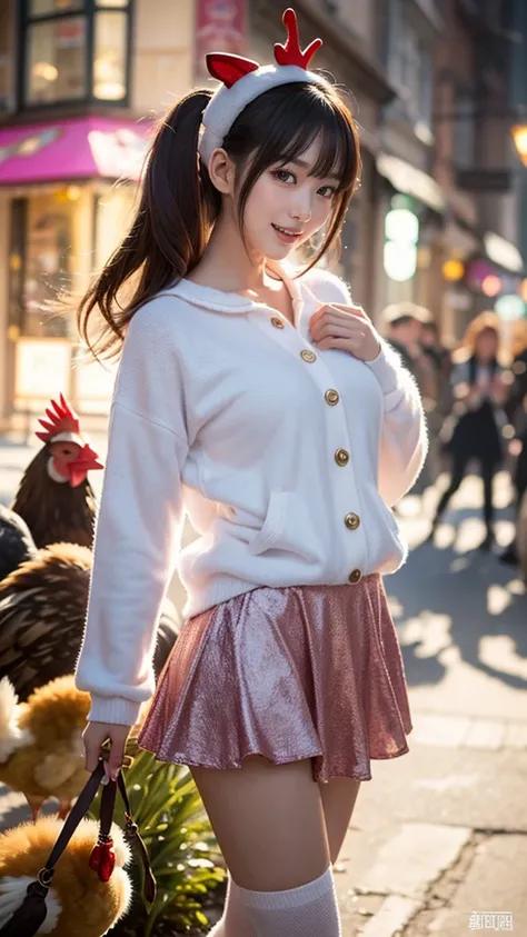 ④ "An enchanting depiction of [Cockatrice] reimagined as the ultimate moe character, radiating charm and energy. She is seen playing joyfully among a flock of adorable chicks, creating a lively and heartwarming scene. Her hairstyle is a unique blend of a r...