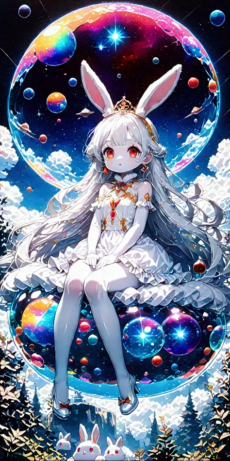 solo,1girl((chibi:1.3),cute,kawaii,(white hair:1.7),(very long hair:1.7),bangs,(ear(fluffy white bunny-ear):1.4),(red eye),big eye,beautiful shiny eye,(white skin:1.4),big hairbow,(white frilled dress:1.3),breast, (sit on (bubble:1.3)(huge,gigantic,beautif...