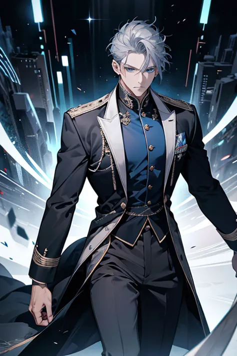 knee shot, man, 35 years old, mature man, handsome, expressionless, short gray blue hair, blue eyes, fierce, standing, black full-dress uniform