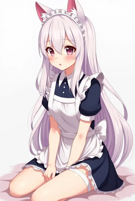 A white long-haired girl with cat ears in a maid suit with a short skirt looks ashamed and shows the panties inside the skirt