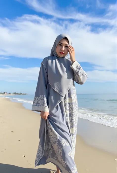  a beautiful indonesian woman, wearing hijab and muslim dress. walking on the beach water, white cloud and blue sky. Realistic skin details, intricate fabric details, beautiful face, ferfect face composition, Look at the viewer.