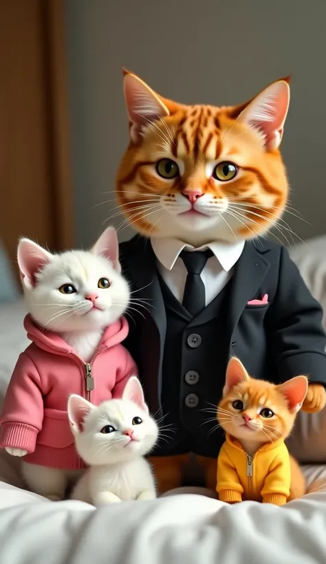 Create an image of big handsome beautiful orange one male in black formal outfit and one female cat in pink outfit with one white small cat in yellow outfit and one orange small cats in yellow outfit , alll are sit on the bed happily, all are smiling