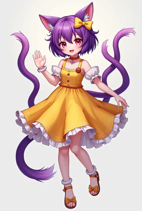  Knee-length dress of yellow color , on the strap plateau ,  on the neck are decorated with a choker ,  red-pink eyes ,  cats tail of purple color ,  two long tails of purple ,  cats ears of purple color ,  bow on the head one on the right side of yellow c...