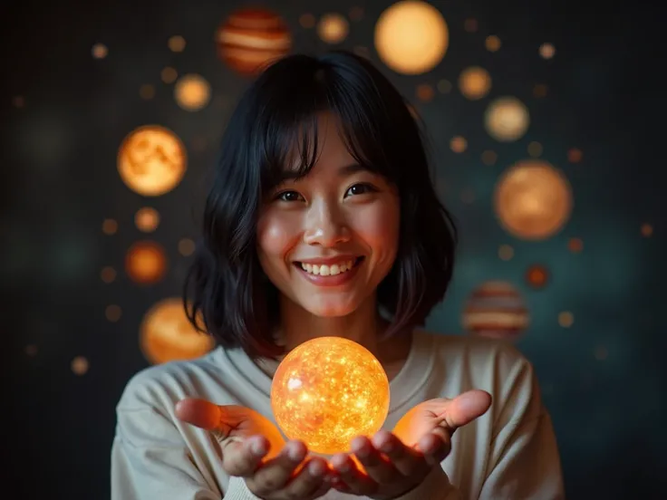 astrology、fortune teller、Future predictions、Manipulate the stars、 planets in the solar system that manipulate stars、star-reading 、 imaginary、 women around 25 years old 、 black hair、 short bob、smile、Stargazing、Full body images、 background bright、High image ...