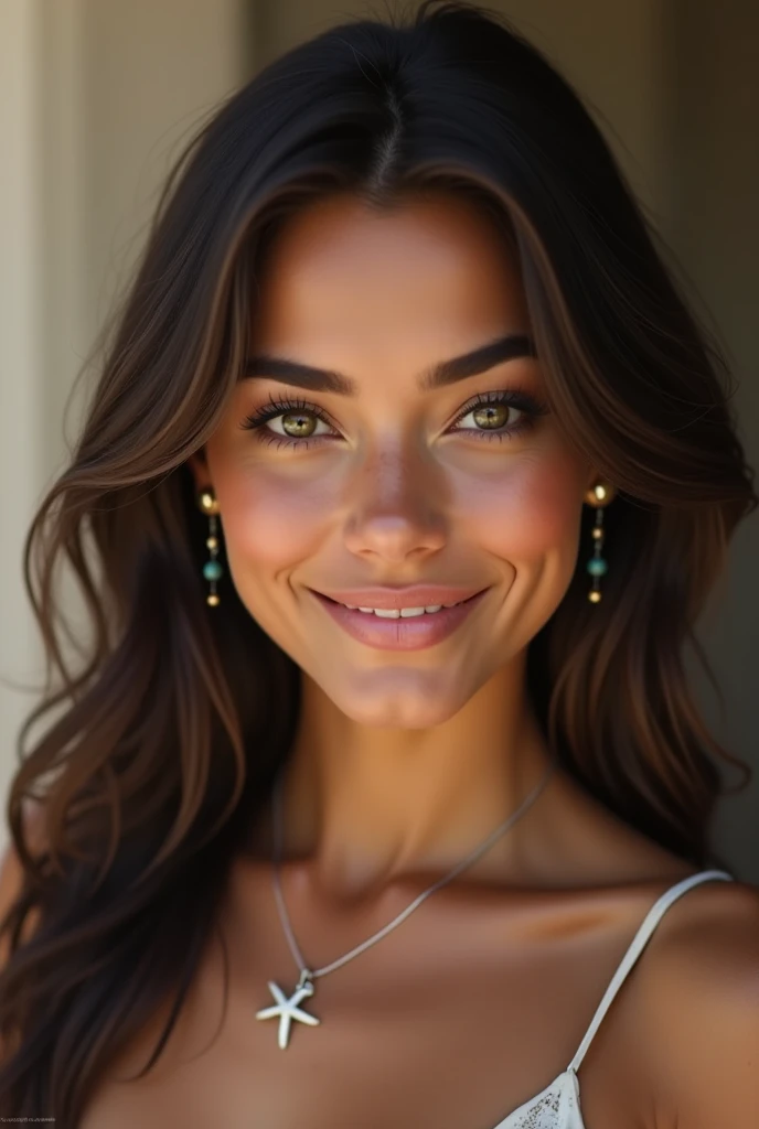 Foto realista,  a woman of Spanish origin ,  he has dark brown hair , shaped eyebrows, greenish brown eyes ,  has three rings in her right ear ,  a pendant with a small starfish ,  her lips are full and she has a nice smile, 