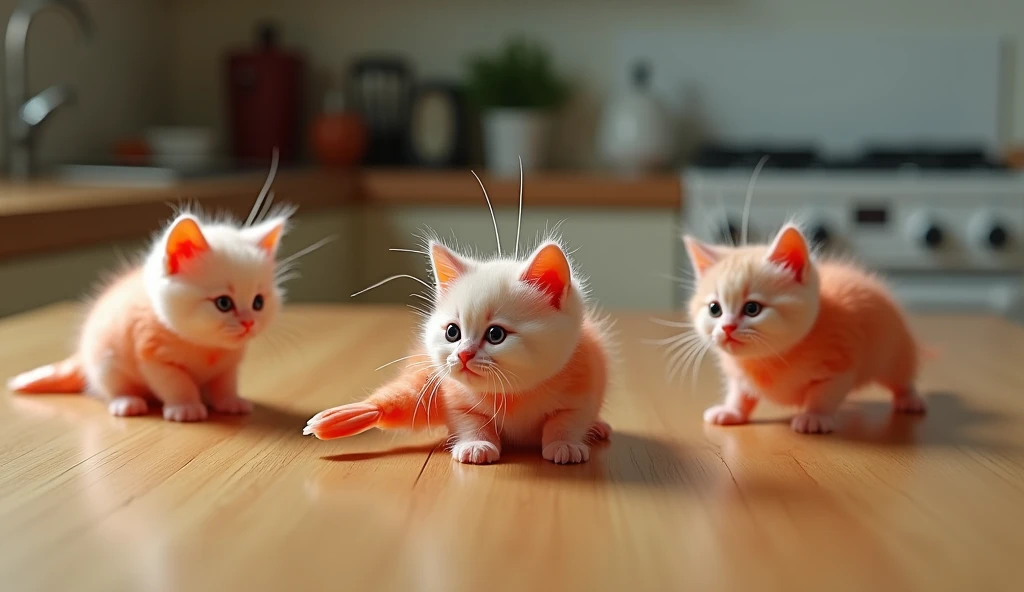 Realistic kittens are shrimps.,on the kitchen table 