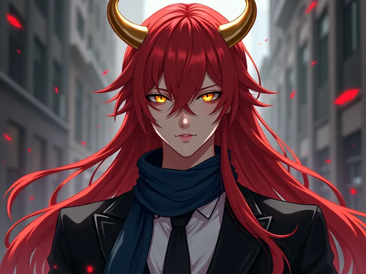 Young adult anime boy , Long red hair with golden horns and yellow eyes, dressed in a black suit ,  and a dark blue scarf , 