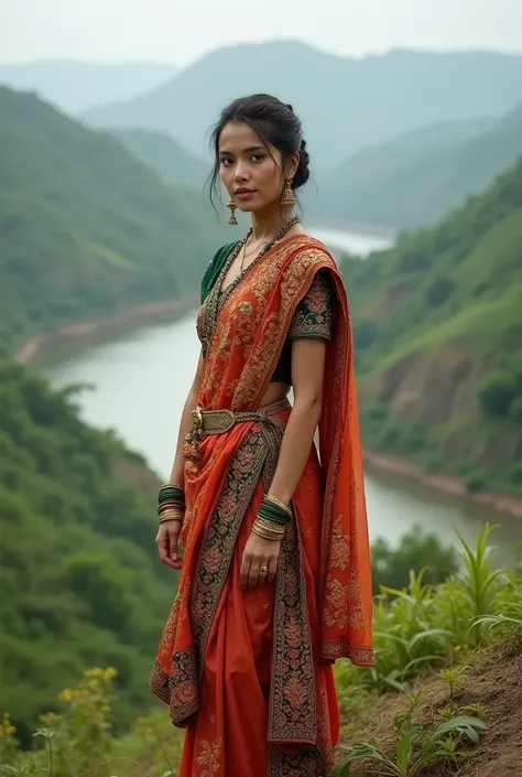 Creat Bangladeshi women full body wearing the 18s traditional dress of bangladesh. On a hill. Country side. River in the back ground. Looking on me.