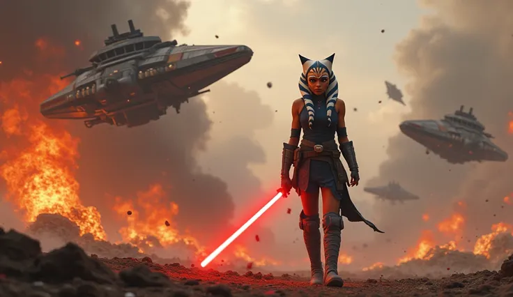 Star wars ahsoka ready for war holding light saber, bloody war going on and multiple spacship crashing background. 
