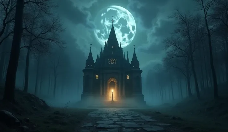 "A chilling nighttime view of the temple, surrounded by mist and glowing with faint supernatural energy. Ghostly symbols appear on the temple walls, and faint whispers echo through the surrounding trees. A small, flickering lamp outside the temple adds an ...