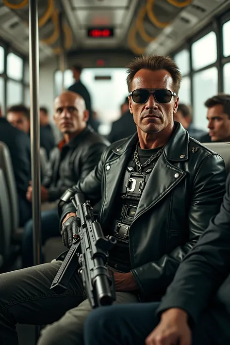 Arnold the Terminator is holding a shotgun， sunglasses, riding on a bus with One Punch Man.