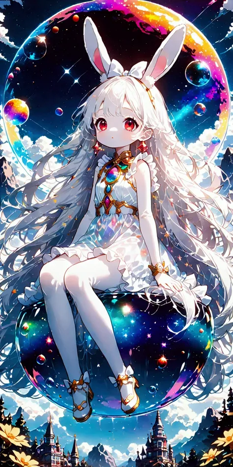 solo,1girl((chibi:1.3),cute,kawaii,(white hair:1.7),(very long hair:1.7),bangs,(ear(fluffy white bunny-ear):1.4),(red eye),big eye,beautiful shiny eye,(white skin:1.4),big hairbow,(white frilled dress:1.3), (sit on (bubble:1.3)(huge,gigantic,beautiful,shin...