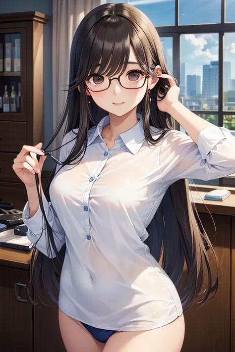 Takane Manaka、  shiny brown long hair、 beautiful brown eyes 、smile、Sparkling Eyes, (fine grain)、 Highly Detailed Eyes、 very detailed face in light blue underwear,  Highly Detailed Eyes, 
masterpiece,  best quality,  high definition , ( best quality,masterp...