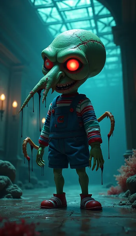 A horrifying fusion of Chucky and Squidward looms in the dimly lit underwater ballroom. The creature’s face features Squidward’s bulbous head, warped by deep gashes and jagged stitches, with one glowing red eye glaring with malice. Chucky’s deranged grin s...