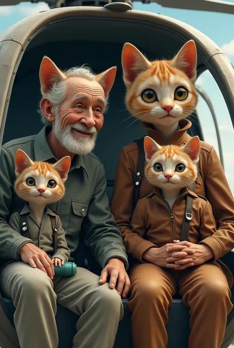 A 70-year-old man, a 65-year-old lady, a  boy, a  girl, all of them have heads like cats, hands and feet like humans, they are traveling by helicopter.