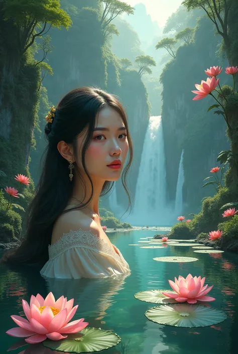 (masterpiece, top quality, best quality, official art, beautiful and aesthetic:1.2), extreme detailed,(fractal art:1.3),colorful,highest detailed portrait beautiful Temples in dense jungle, cliffs, waterfalls, lotus scattered on reflecting pools, Cao Dai T...