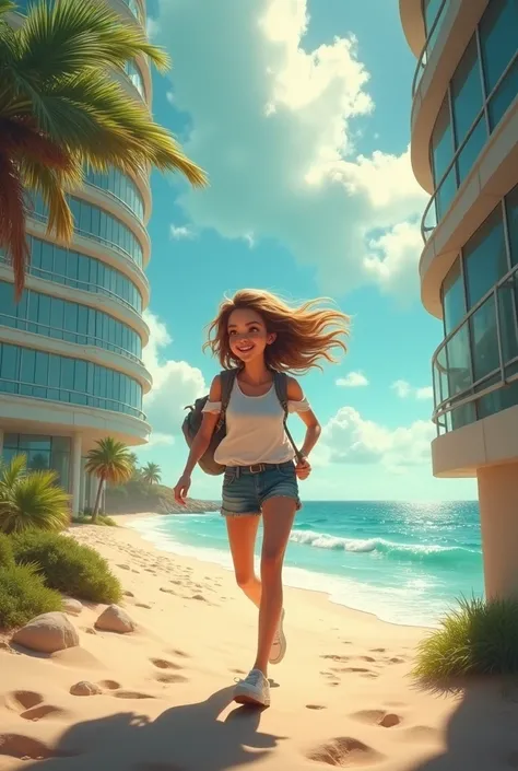 A girl is quickly running from the office building and  imagines that is going to the beach and the whole image should be animated