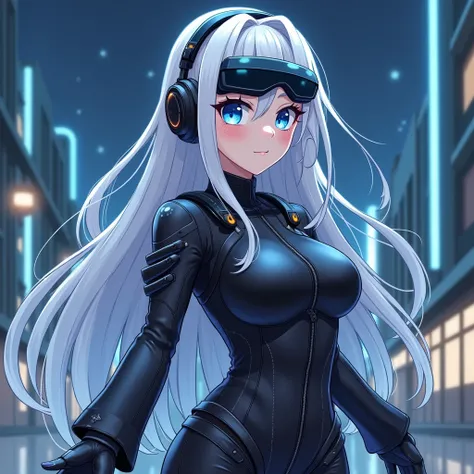 beautiful anime adult and tall woman with long beautiful white hair, detailed light blue eyes, wearing black futuristic goggles,big chests , black futuristic headphones, light blue nail polish on her hand and toe nails,wearing highly detailed futuristic cy...