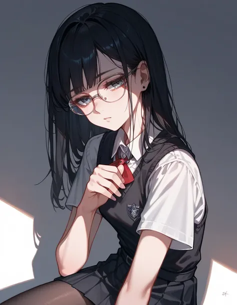 (Masterpiece), (best quality), (high quality), anime, school, 1girl, goth girl, (depressed look), half closed eyes, detailed eyes, pantyhose, dark hair, straight hair, small glasses, detailed, best quality shadows, highest resolution, 4k