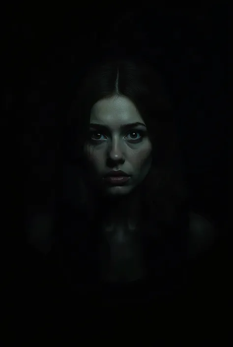  A completely dark scene where the only visible detail is a faint outline of Sarahs terrified eyes wide open in the dark. The background is completely black,  emphasizing the feeling of being trapped in the dark .  There is a faint suggestion of a ghostly ...