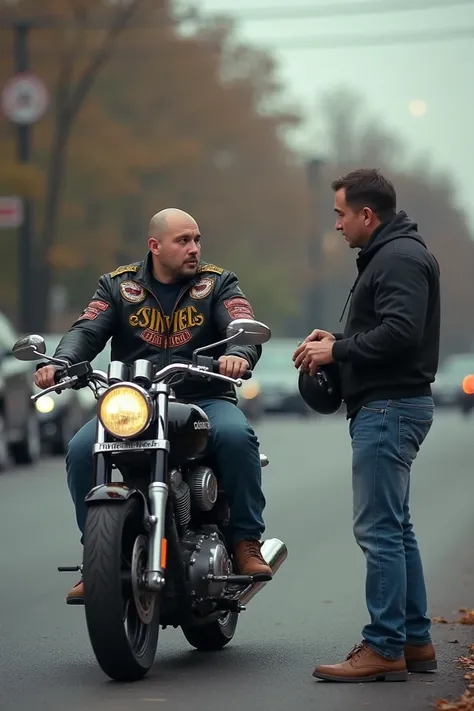 A man wearing a bikers shirt was riding a motorcycle without using a helmet on the streets and there was a man who gave the man a helmet
