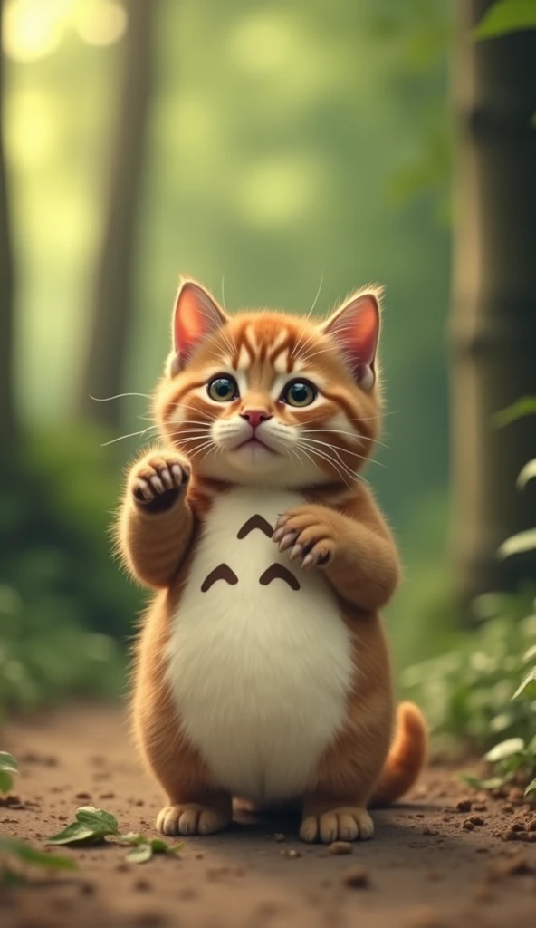 There are cute real kittens 　 similar to Totoro anime
Enjoying Totoro cosplay 。
 A kitten with brown fur is a Ghibli Totoro cosplay
Im wearing a Totoro costume
In the woods
Figure standing on two legs　 has raised her front legs 。
 The kitten has big eyes a...