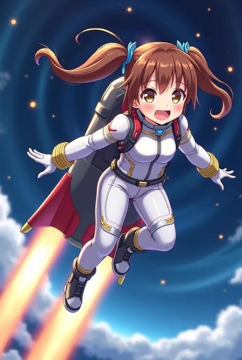 universe, 1 girl ,  twin tails, Brown Hair,  Big Breasts ,  smiles, Grin, universe飛行士, Japanese illustration style, rocket,moon