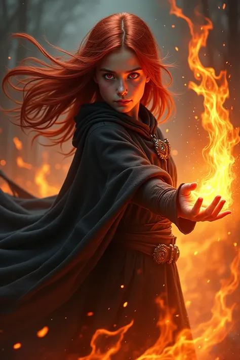 A girl with dark red hair, red eyes, and a black cloak using fire