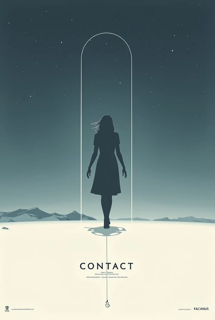  Make a poster for the movie Contact . Minimalist, of design . Escrito en pequeño tambien aparece the year of release and the real names of the actors,  director and screenwriter 