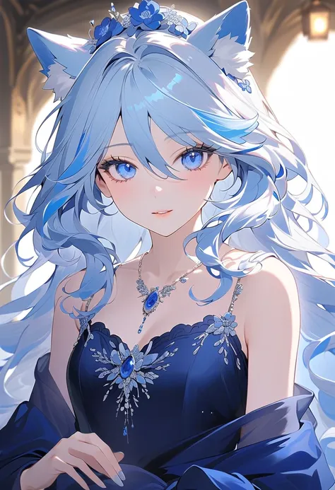 woman with wolf ears and tail, graceful with an aura that exudes beauty and serenity, thin lips, this character has long white hair and adds blue hair to several strands of her hair like Furina Genshin Impact but her hair is full length unlike Furina. Her ...