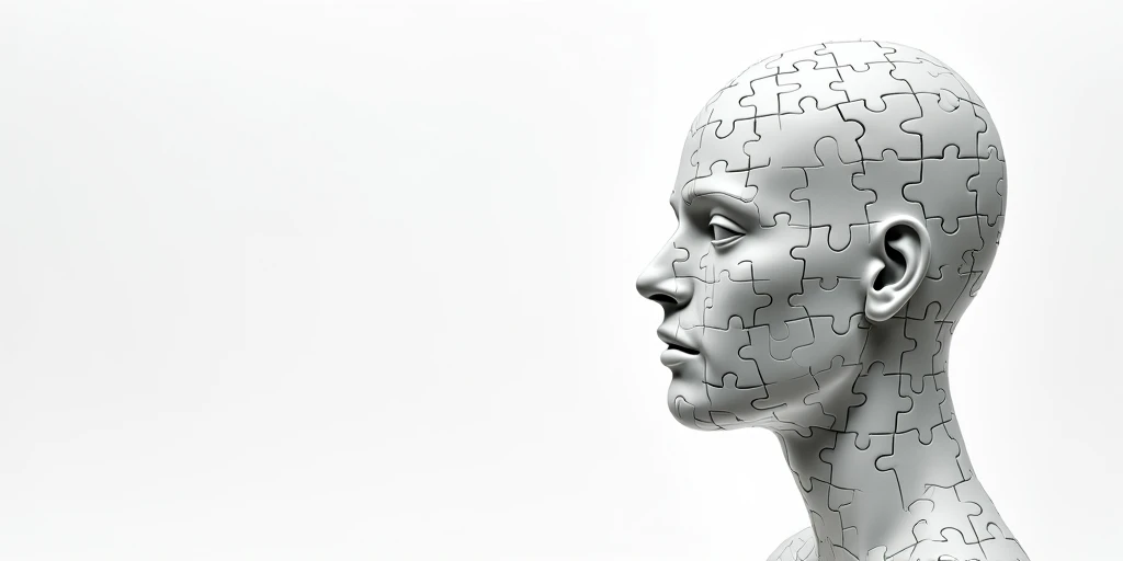 human head profile made from jigsaw puzzle on right side , white background, empty white background on left side